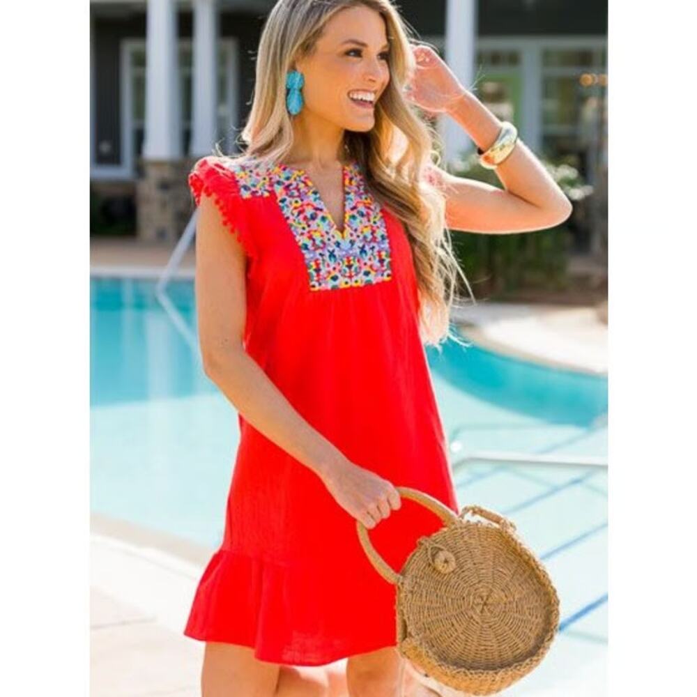 THML Embroidered Pom Pom Dress Flutter Sleeve Boho Flirty Festival Summer Medium